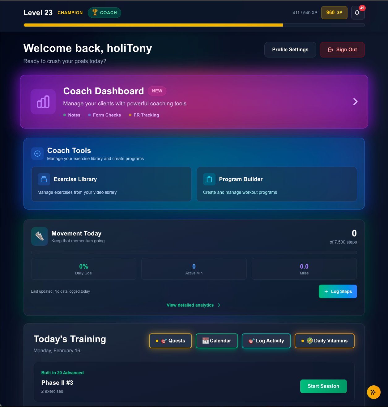 Athlete for Life Platform dashboard